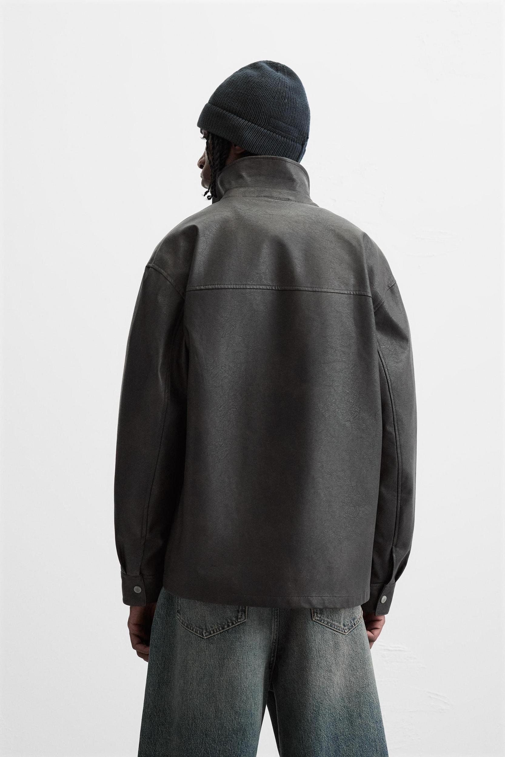 WASHED FAUX LEATHER OVERSHIRT Product Image