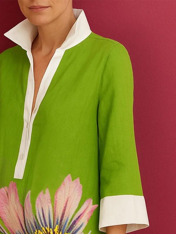 Loose Three-Quarter Sleeves Buttoned Contrast Color Flower Print Lapel Mini Dresses Product Image