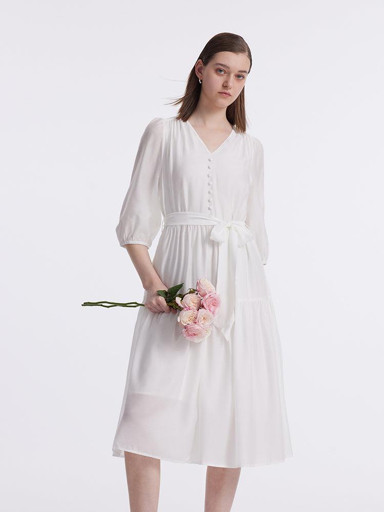 White V-Neck Gathered Waist Midi Dress Product Image