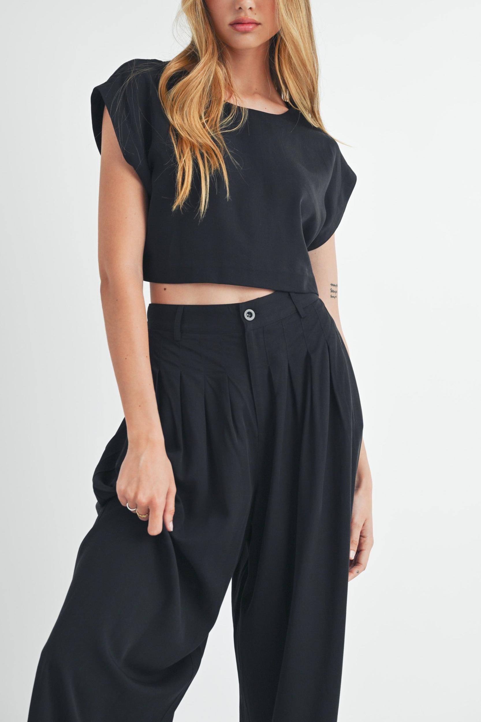 Simple Crop Top & Pleated Wide Leg Pants Product Image