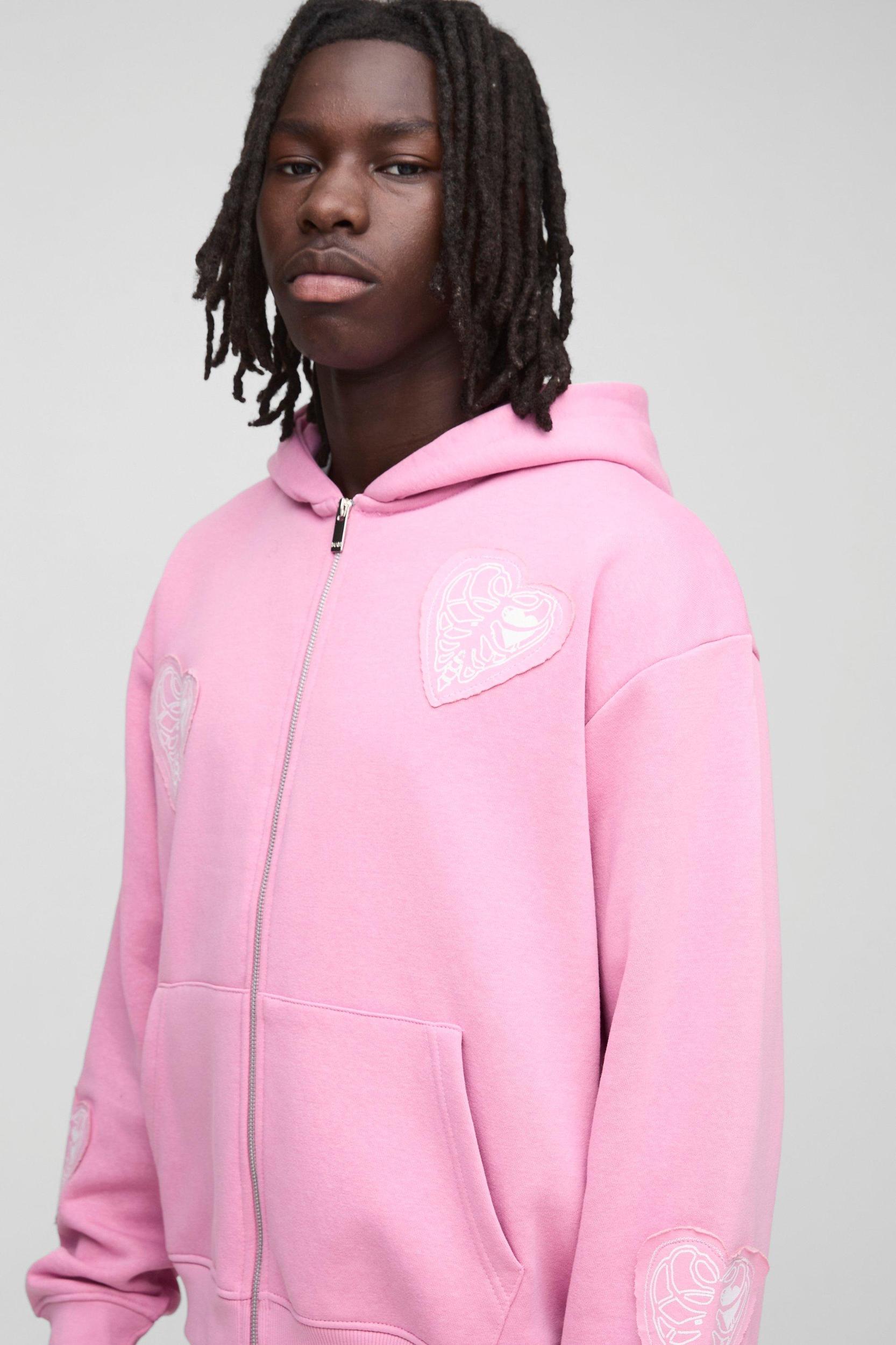 Oversized Boxy Zip Through and Extreme Wide Leg Hearts Applique Tracksuit | boohooMAN USA Product Image