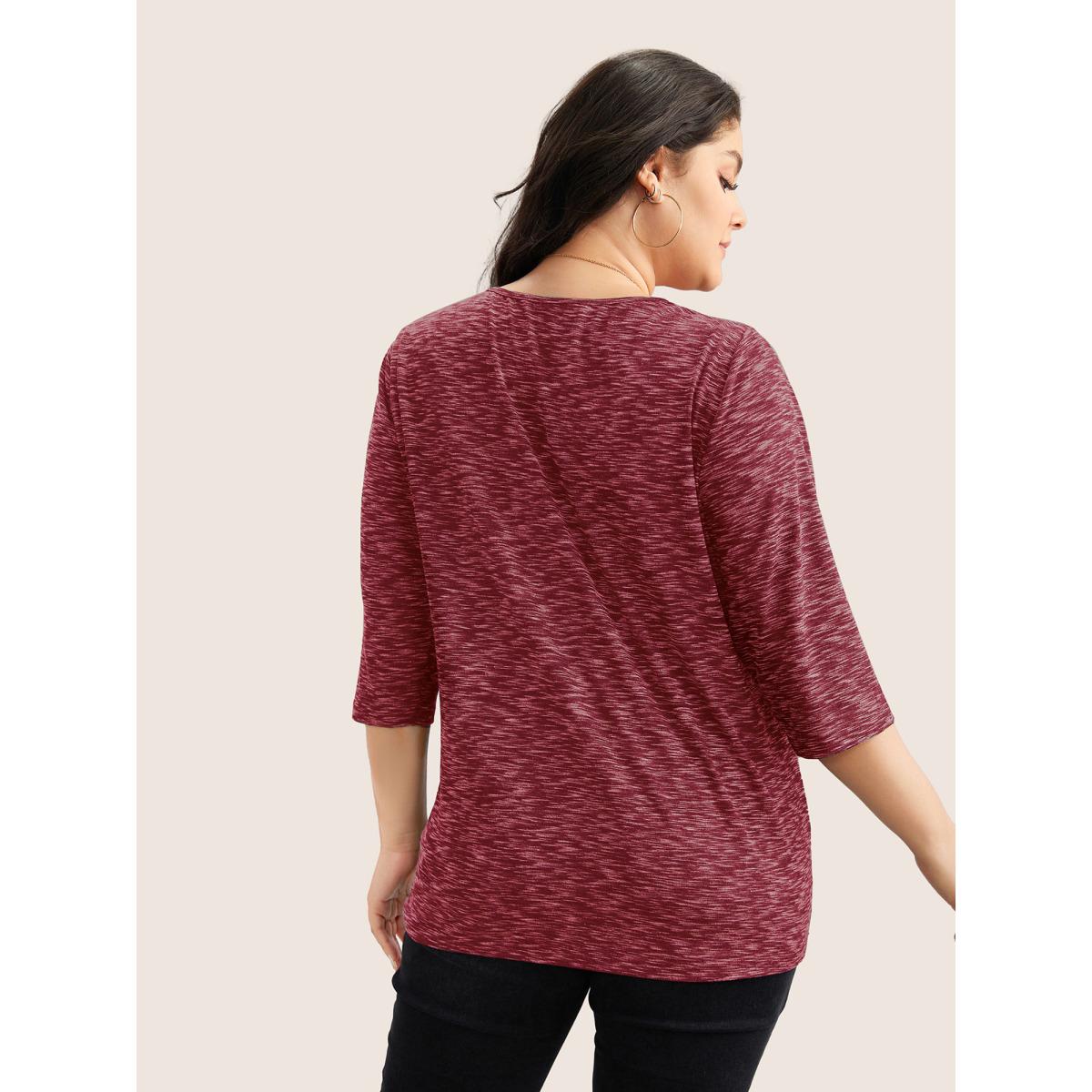 Plus Size Heather Pleated Button Detail T-shirt Raspberry Women Casual Pleated Plain V-neck Everyday T-shirts BloomChic 26/4X Product Image