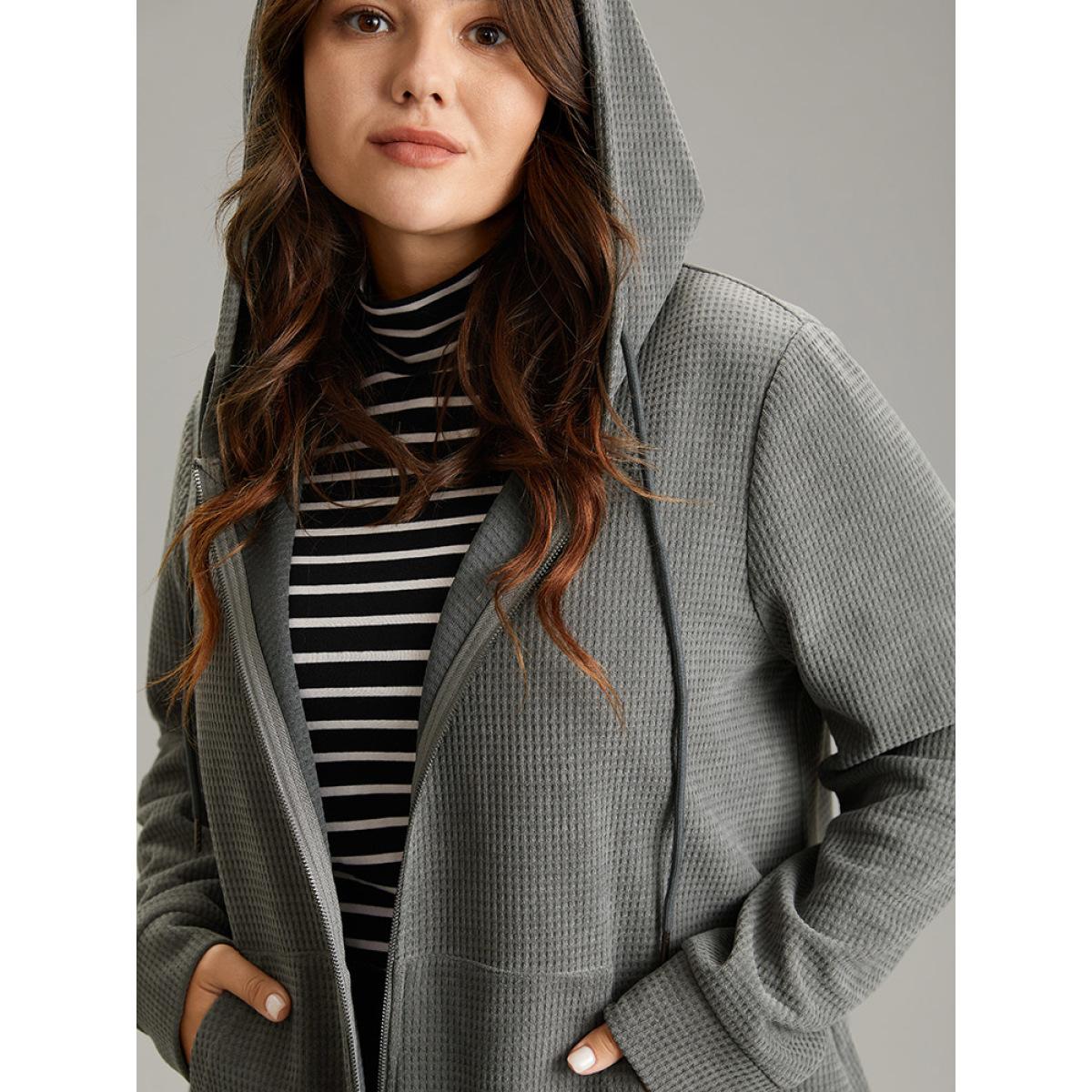 Plus Size Waffle Knit Plain Hooded Pocket Thick Sweatshirt Women DimGray Casual Waffle Knit Hooded Dailywear Sweatshirts BloomChic 22-24/3X Product Image