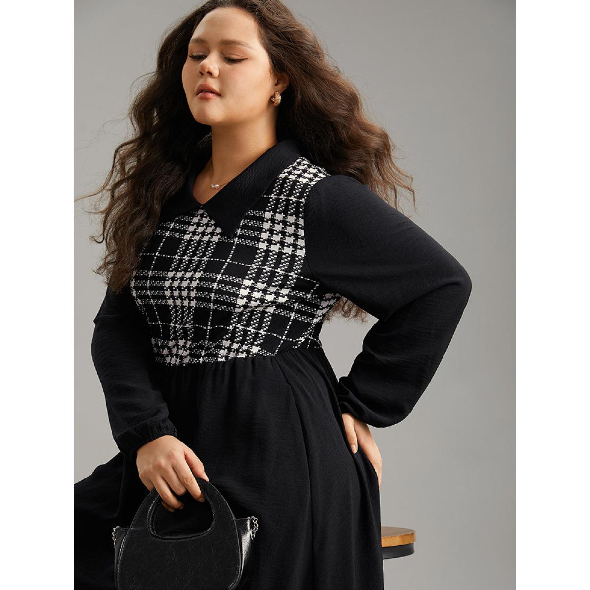 Plus Size Plaid Patchwork Lapel Collar Pocket Dress Black Women Office Patchwork Lapel Collar Long Sleeve Curvy Midi Dress BloomChic 10/M Product Image