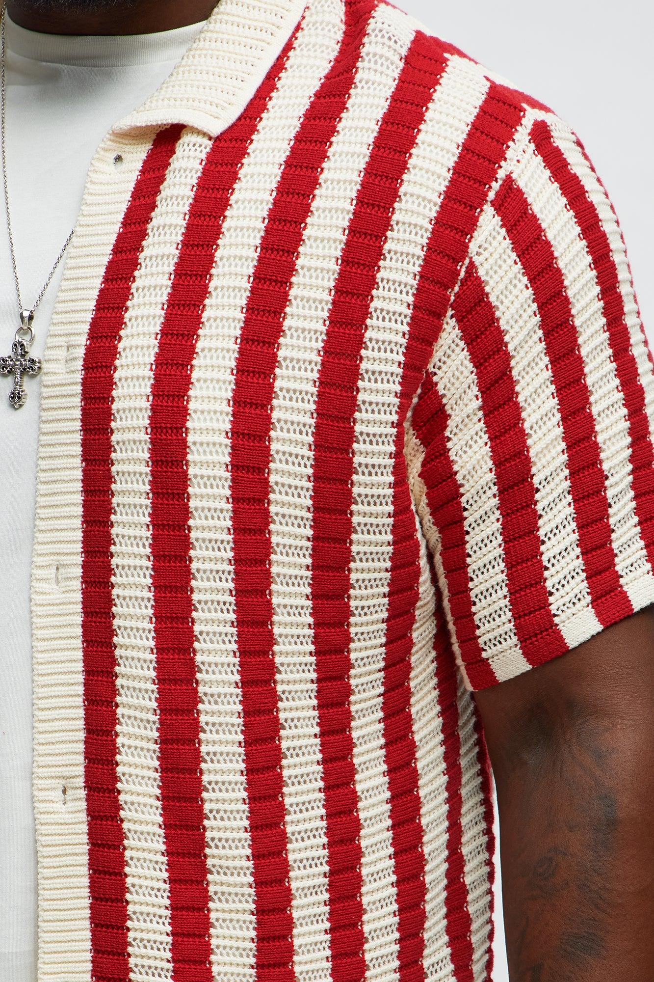 Clark Striped Knit Button up Shirt - Red/combo Product Image