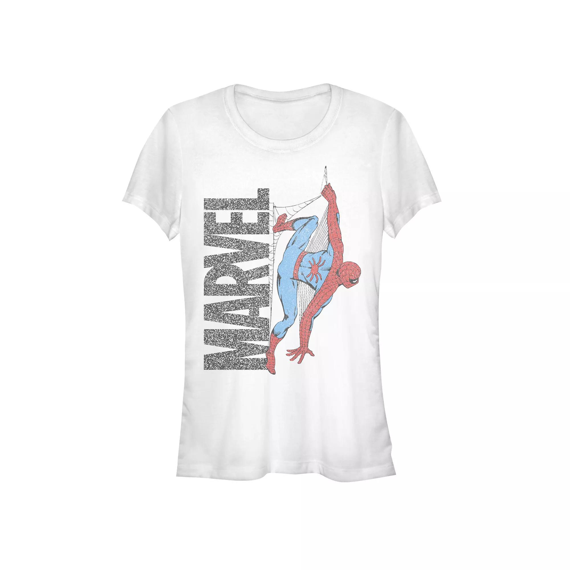Juniors' Spider-Man Hanging From The Marvel Logo Graphic Tee, Girl's, Size: XL, White Product Image