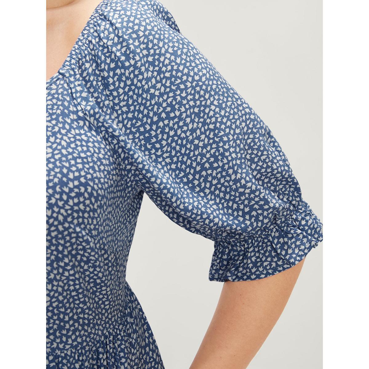 Plus Size Geometric Button Detail Lantern Sleeve Ruffle Tiered Dress LightBlue Women Elegant Patchwork V-neck Half Sleeve Curvy Midi Dress BloomChic 28/5X Product Image