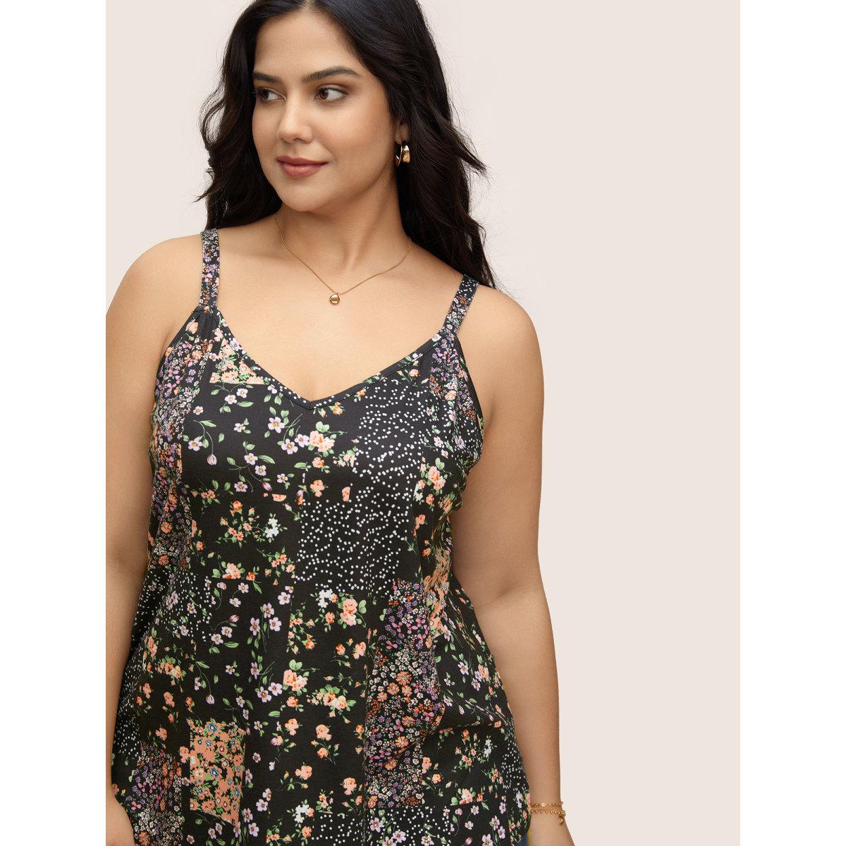 Plus Size V Neck Ditsy Floral Patchwork Cami Top Women Black Elegant Contrast V-neck Everyday Tank Tops Camis BloomChic 14-16/1X Product Image