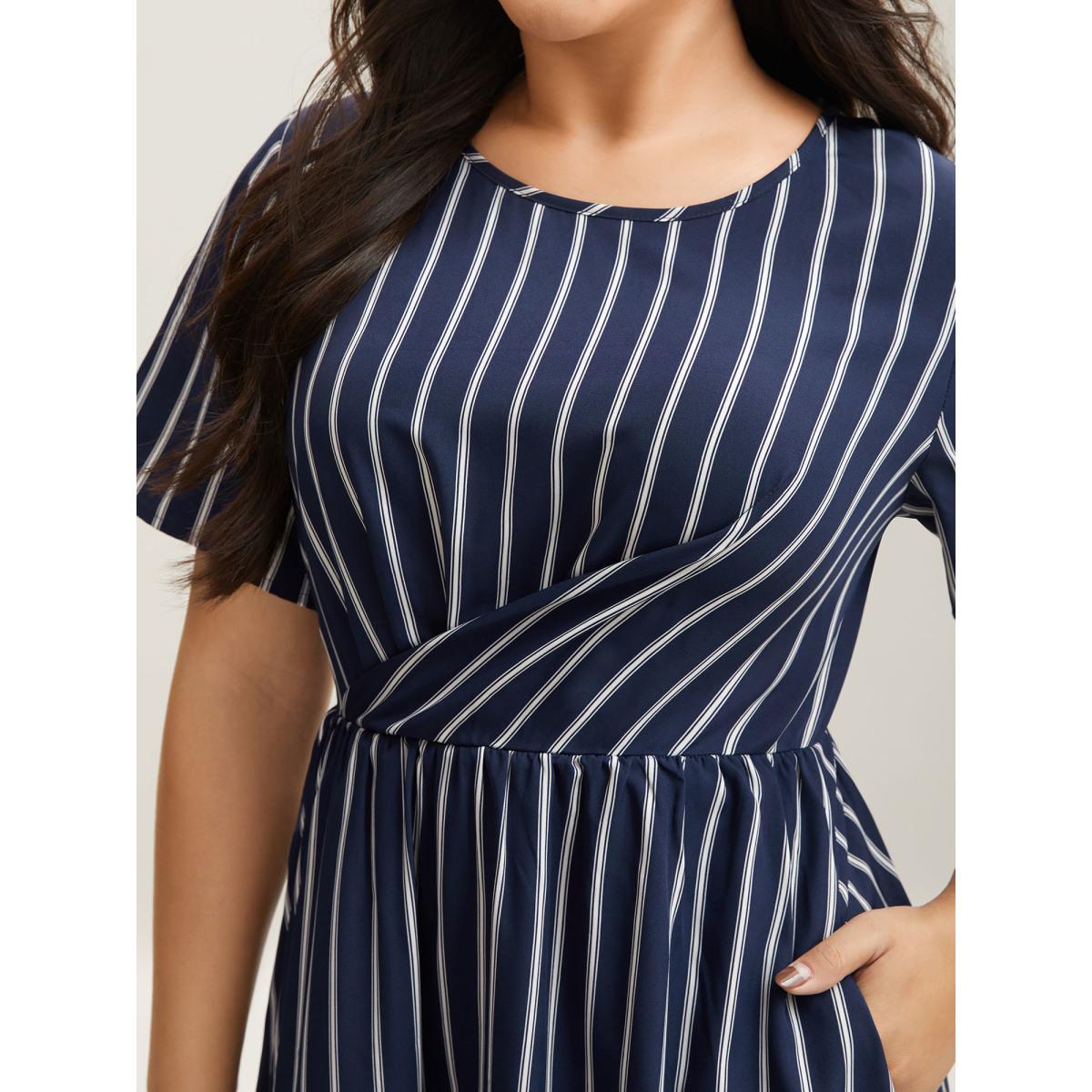 Plus Size Striped Stretchy Waist Defining Pockets Dress Indigo Women Office Pleated Round Neck Short sleeve Curvy BloomChic 18-20/2X Product Image