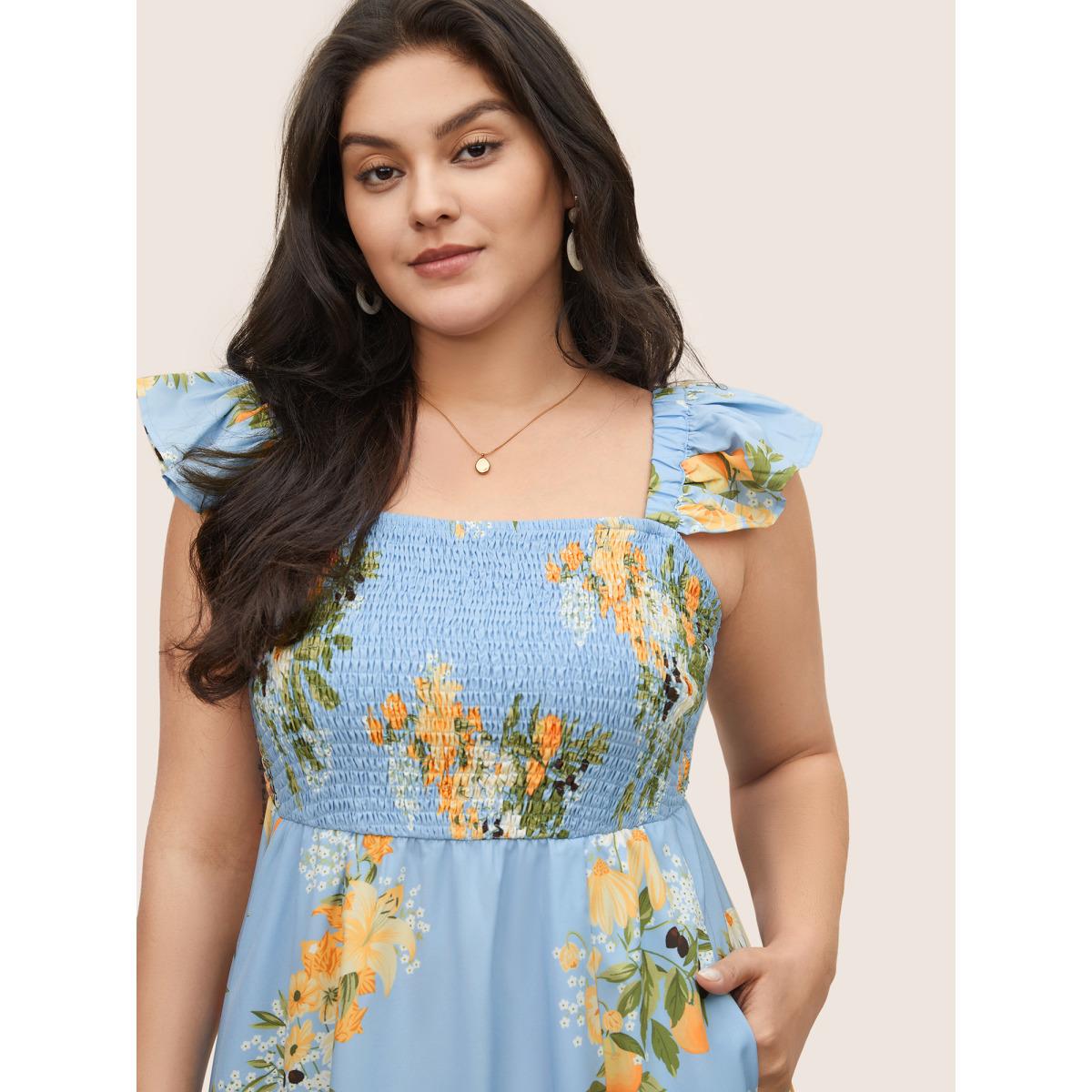 Plus Size Citrus Oranges Print Shirred Ruffle Trim Split Hem Dress Stone Women Elegant Non Square Neck Sleeveless Curvy Midi Dress BloomChic 22-24/3X Product Image