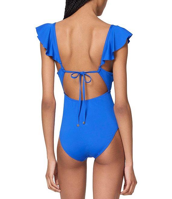 kate spade new york Solid Ruffle V-Wire Cut-Out Front One Piece Swimsuit Product Image