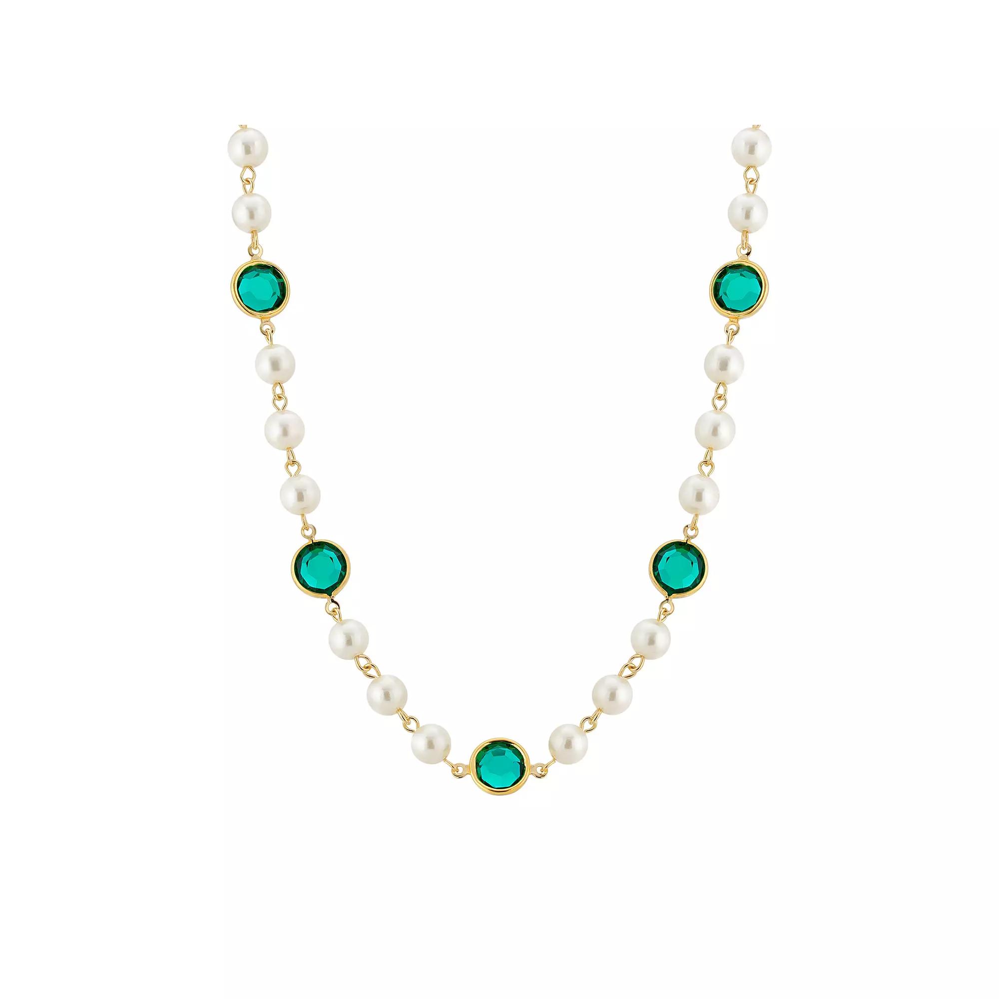 1928 Gold Tone Simulated Pearl & Crystal Strandage Necklace, Womens, Green Product Image
