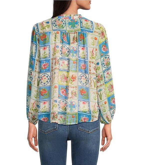 Figueroa & Flower Woven Patchwork Print Ruffled Split V-Neck Long Sleeve Button Front Blouse Product Image