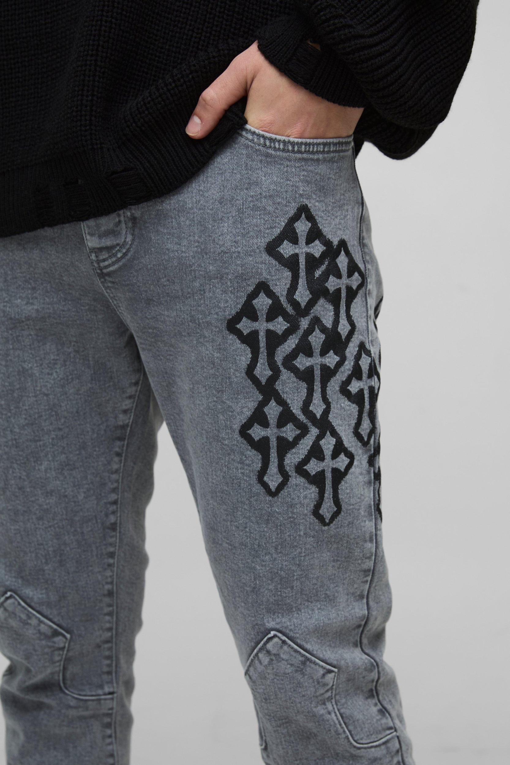 Skinny Stacked Cross Spray Printed Jeans | boohooMAN USA Product Image