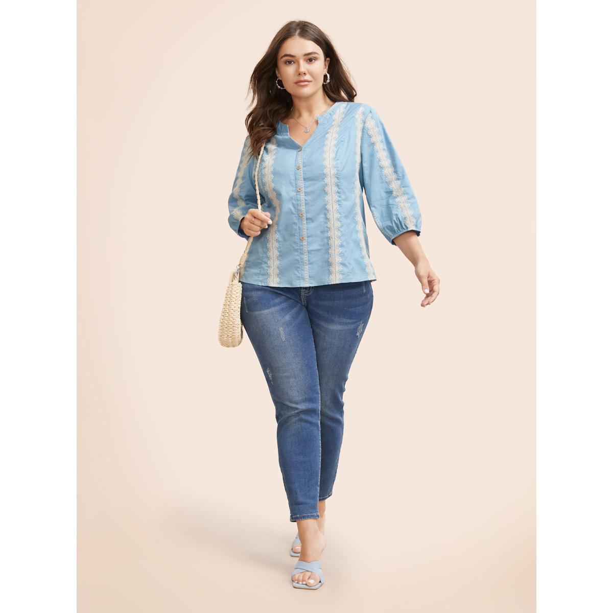 Plus Size LightBlue Striped Notched Embroidered Button Detail Blouse Women Resort Elbow-length sleeve Notched collar Vacation Blouses BloomChic 10/M Product Image