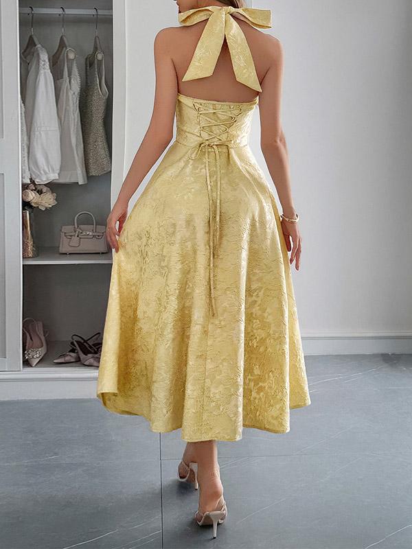 A-Line High Waisted Backless Drawstring Jacquard Pleated Solid Color Tied Deep V-Neck Midi Dresses Product Image