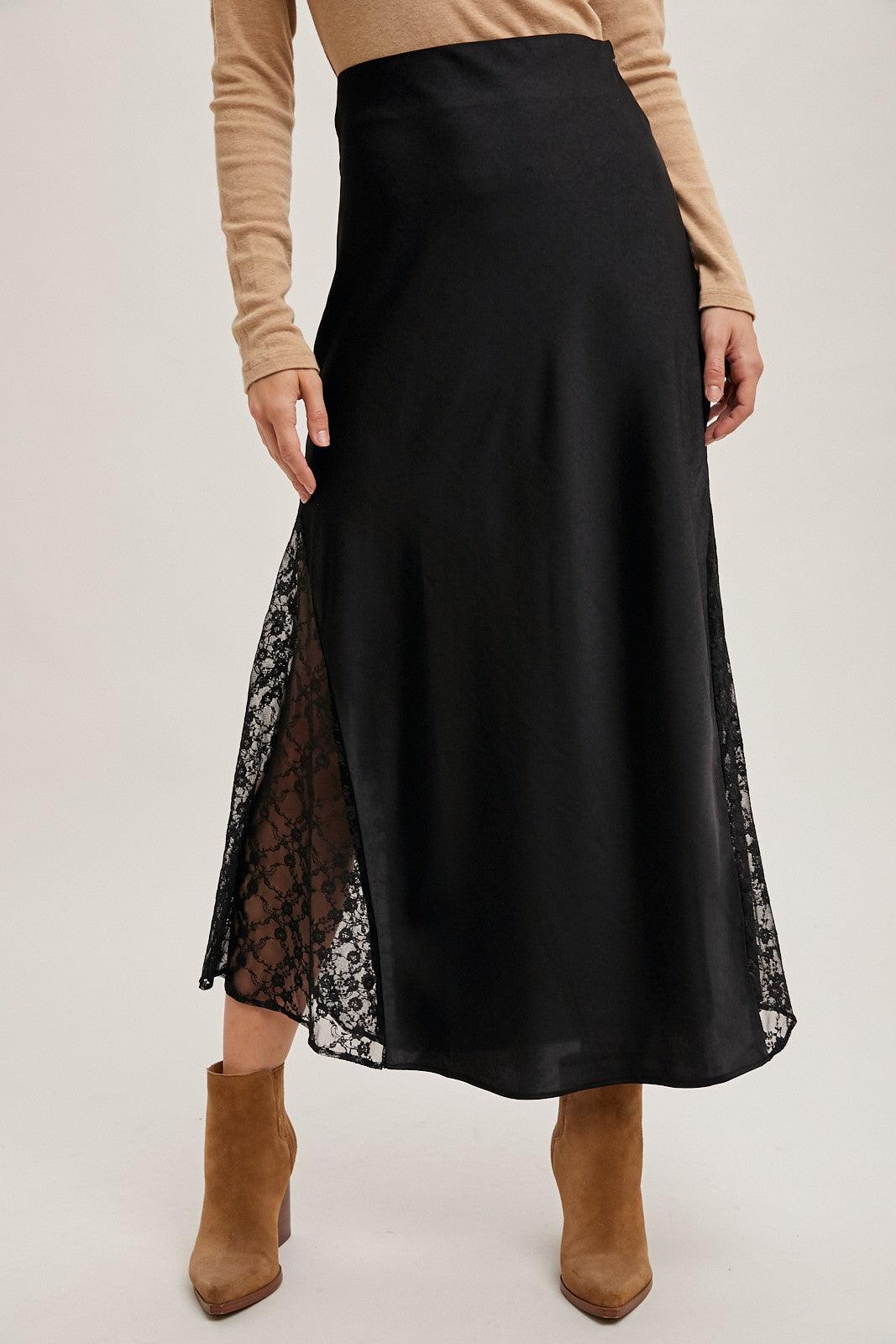 Lace Trimmed Satin Midi Skirt Product Image