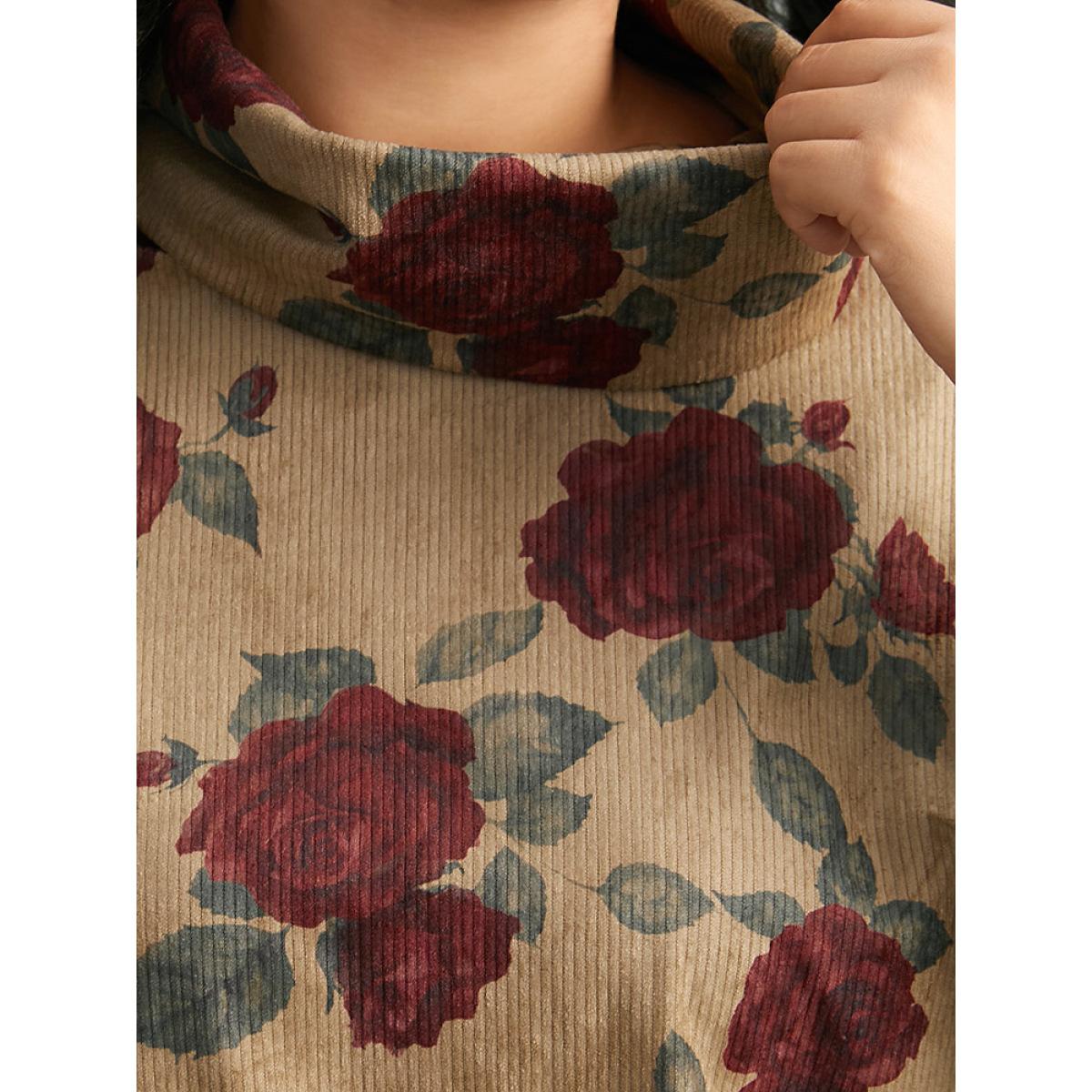 Plus Size Rose Print Textured Turtleneck T-shirt LightBrown Women Elegant Texture Floral Turtleneck Everyday T-shirts BloomChic 28/5X Product Image