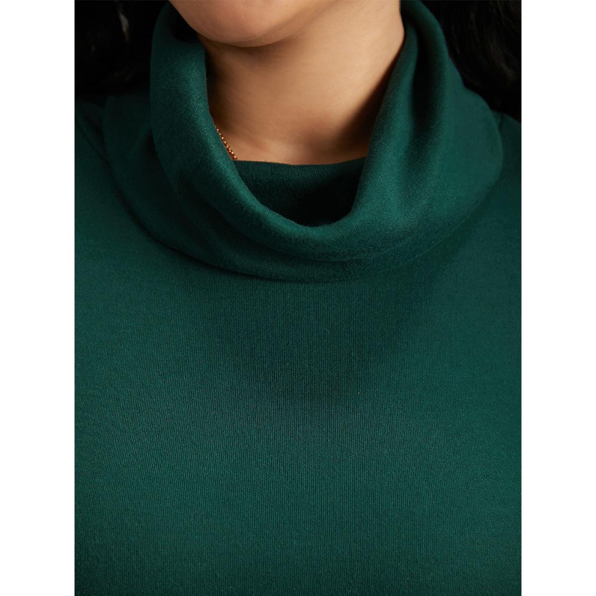 Plus Size Solid Turtleneck Hanky Hem Pocket Dress DarkGreen Women Casual Plain Turtleneck Long Sleeve Curvy Midi Dress BloomChic 22-24/3X Product Image