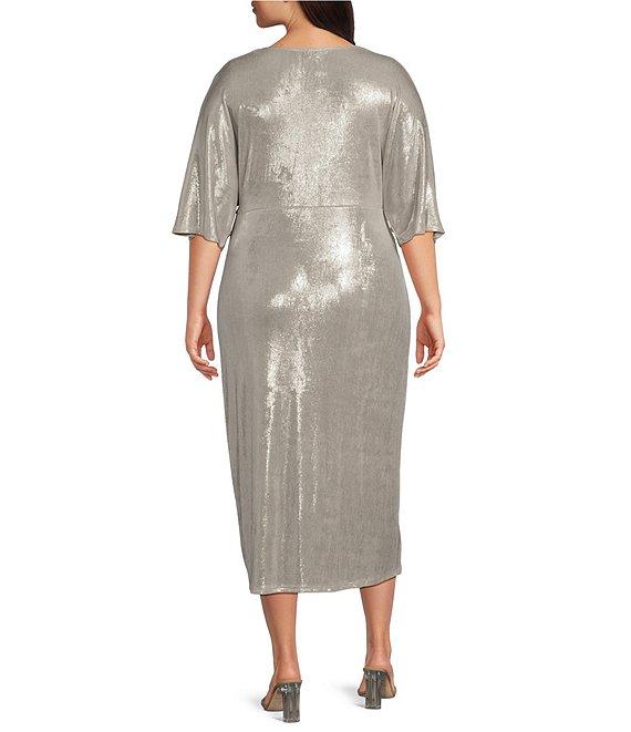 Marina Plus Size Short Sleeve Ribbed Knot Long Foil Midi Dress Product Image