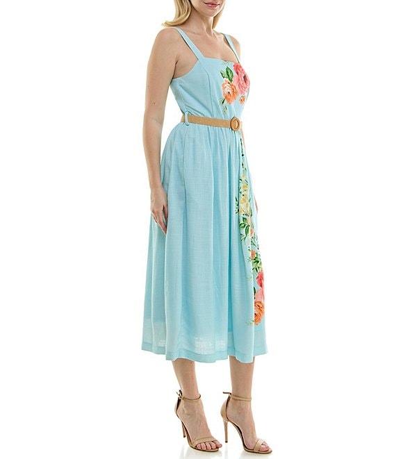 Moda Tara Raffia Belt Floral Square Neckline Midi Sleeveless A-Line Dress Product Image