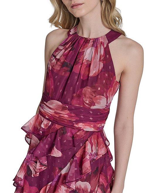 Eliza J Halter Neck Chiffon Floral Print Ruffled Maxi Dress Product Image
