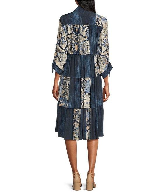 John Mark Patchwork Mixed Print Y-Neck 3/4 Sleeve Button-Front Dress Product Image