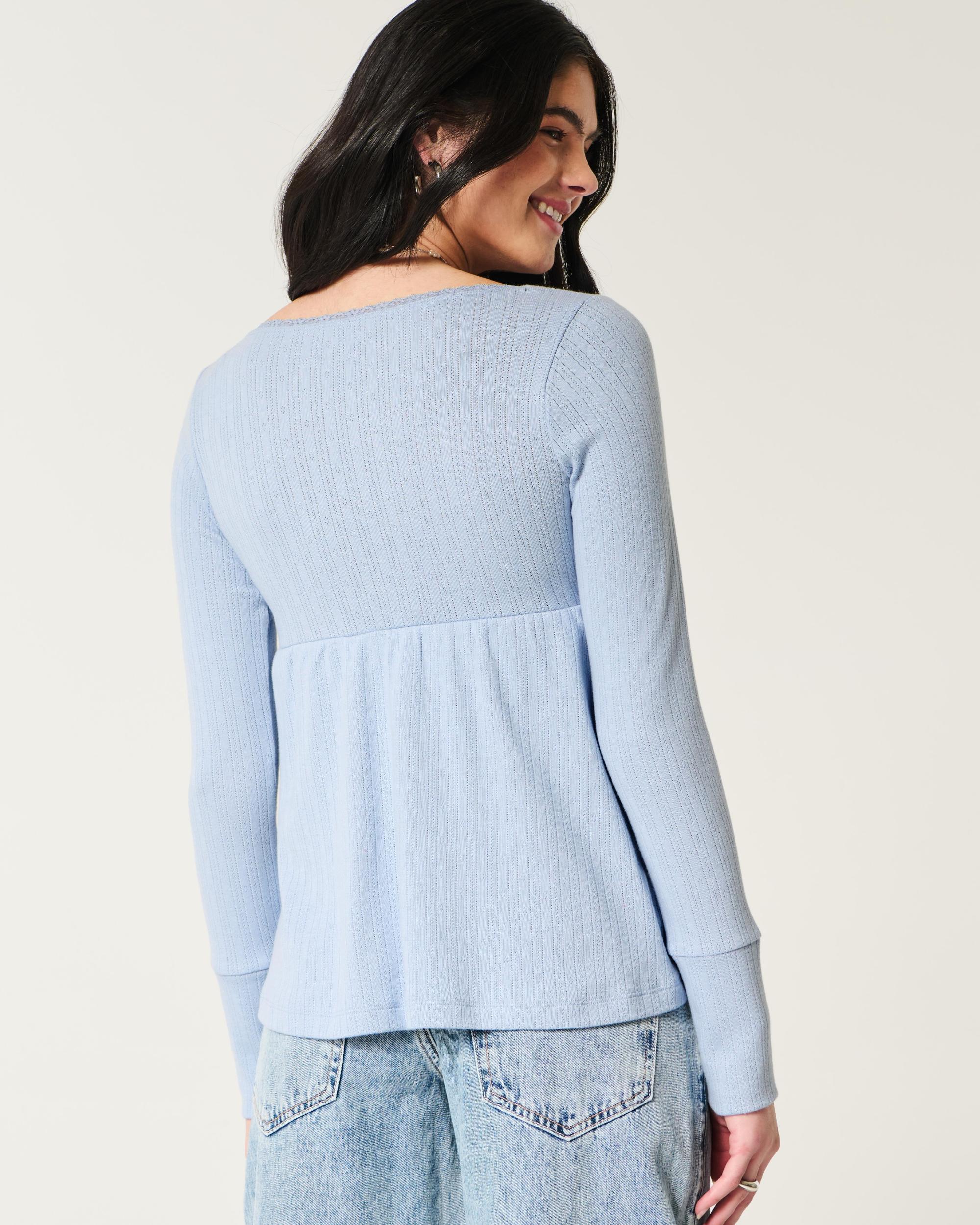 Easy Long-Sleeve Pointelle Babydoll Top Product Image