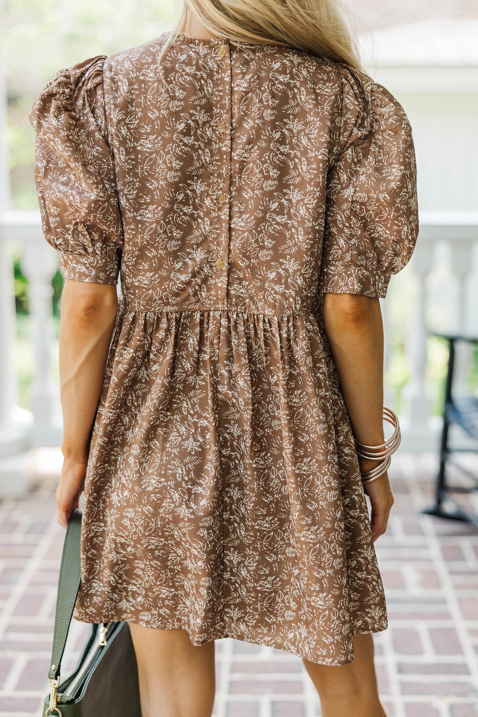 Oh So Thankful Butterscotch Brown Ditsy Floral 3/4 Sleeve Dress Female Product Image