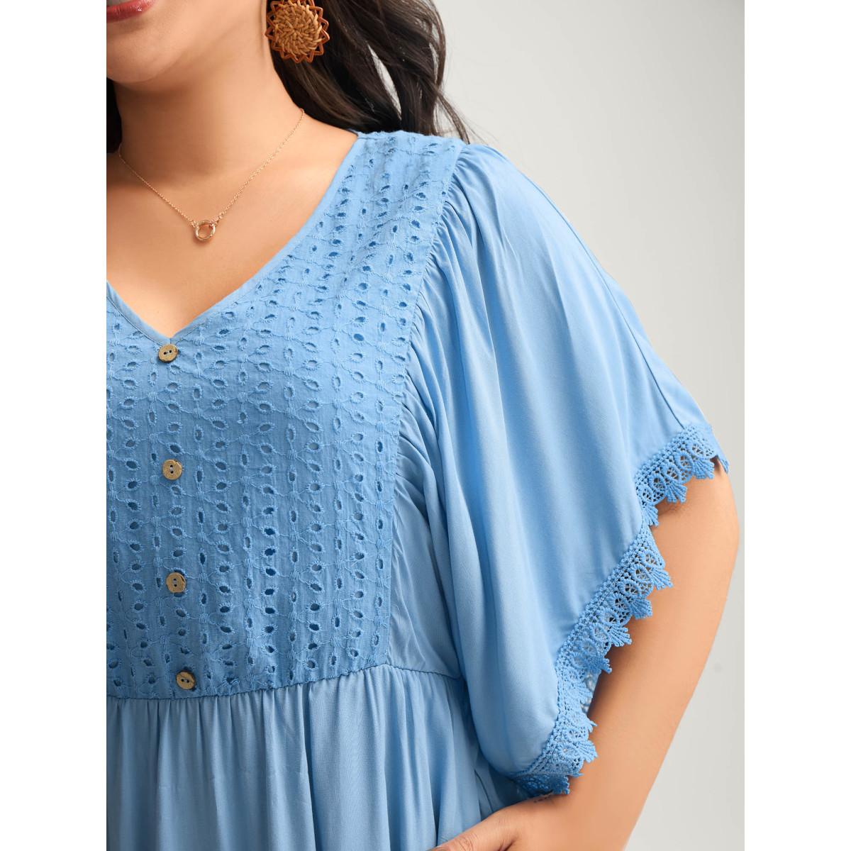 Plus Size Eyelet Trim Stretchy Flowy Sleeve Midi Dress Skyblue Women V-neck Short sleeve Curvy BloomChic 14-16/1X Product Image