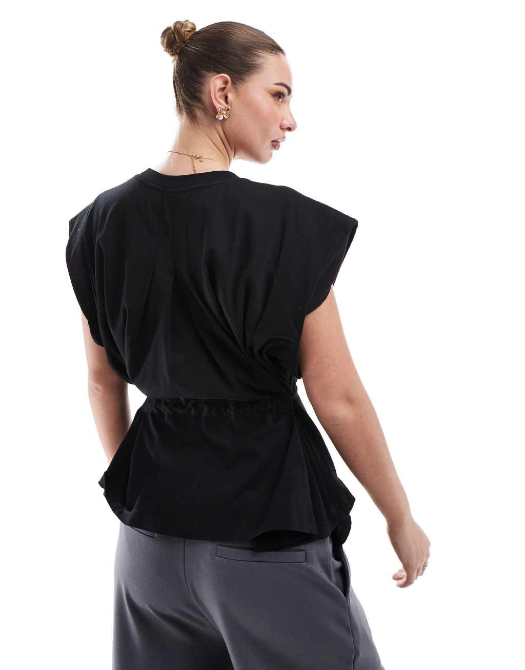 ASOS DESIGN trapeze t-shirt with tie waist in black Product Image