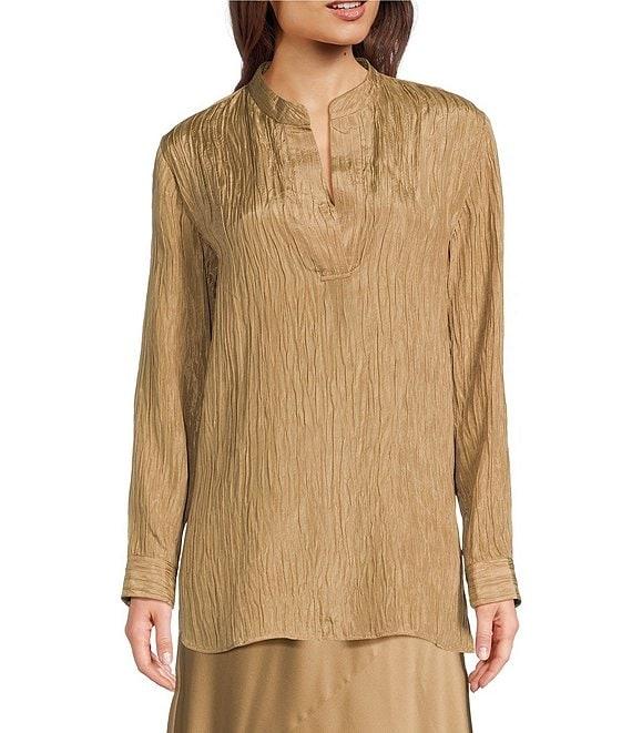 Eileen Fisher Textured Silk Jacquard Mandarin Collar Long Sleeve Tunic Product Image