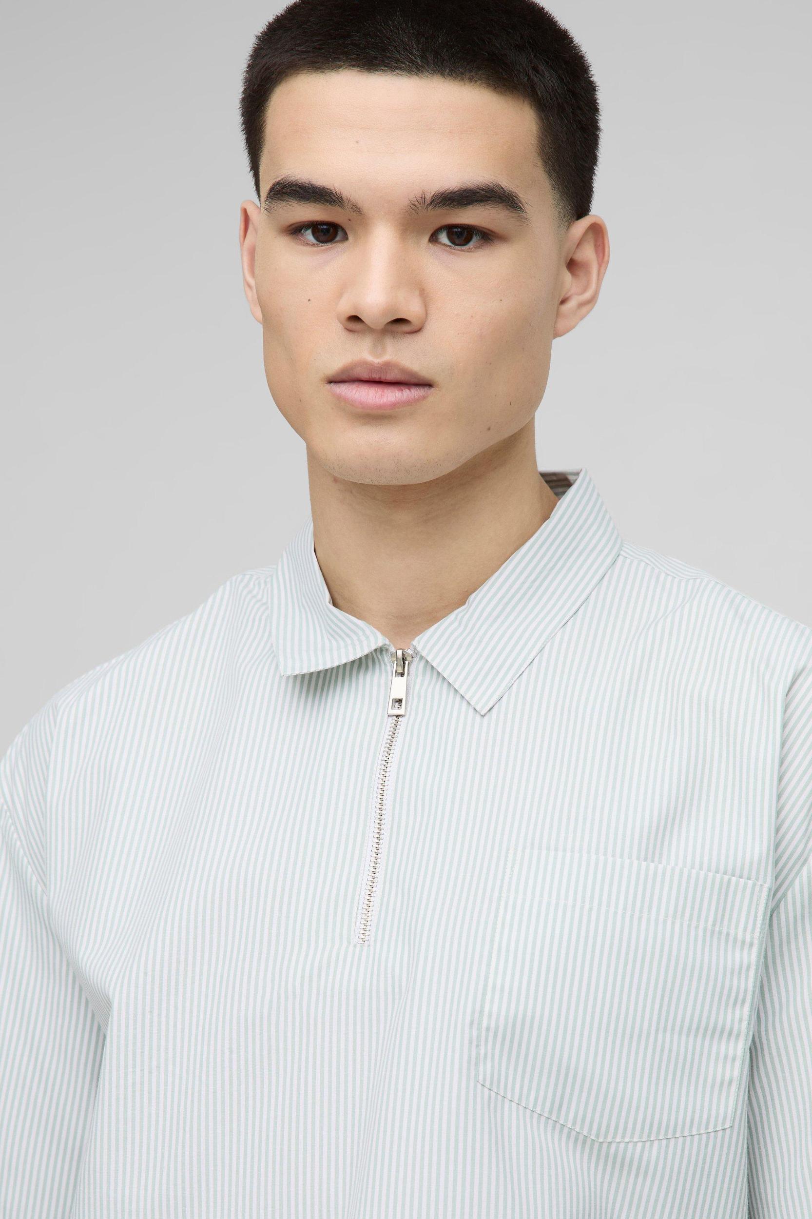 Oversized Pocket Detail Bungee Hem Stripe Shirt | boohooMAN USA Product Image