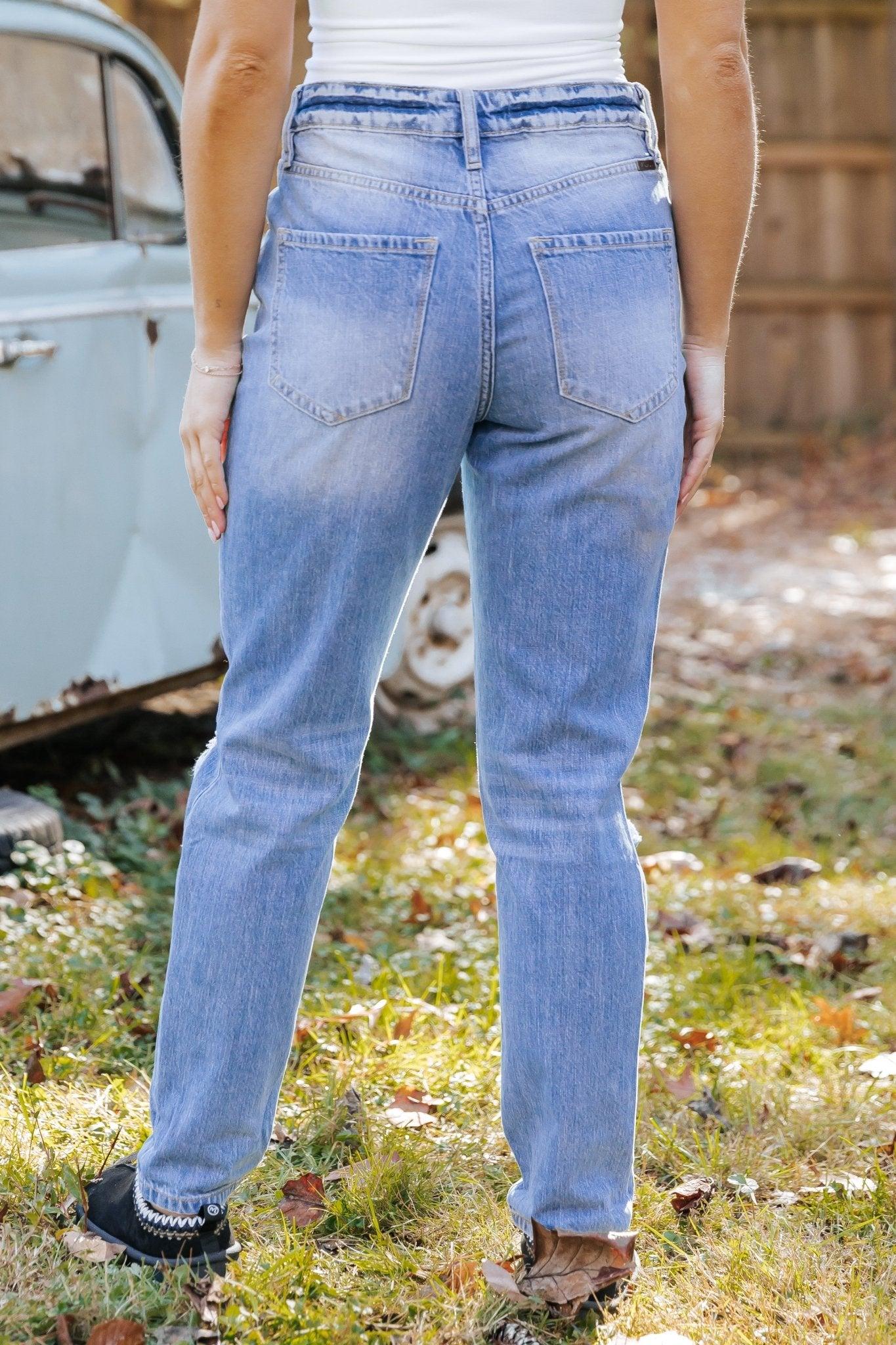 Light Wash High Rise Distressed Mom Jeans -  DOORBUSTER Product Image