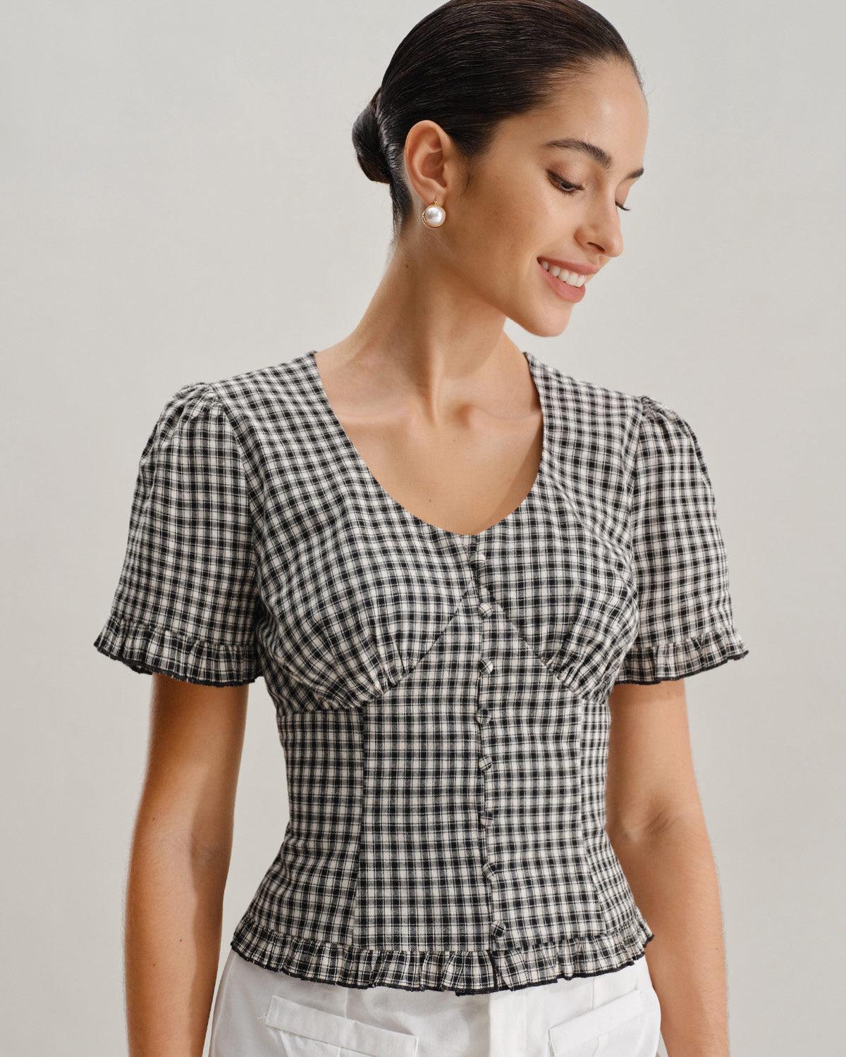 Black Plaid V Neck Ruffle Blouse Product Image