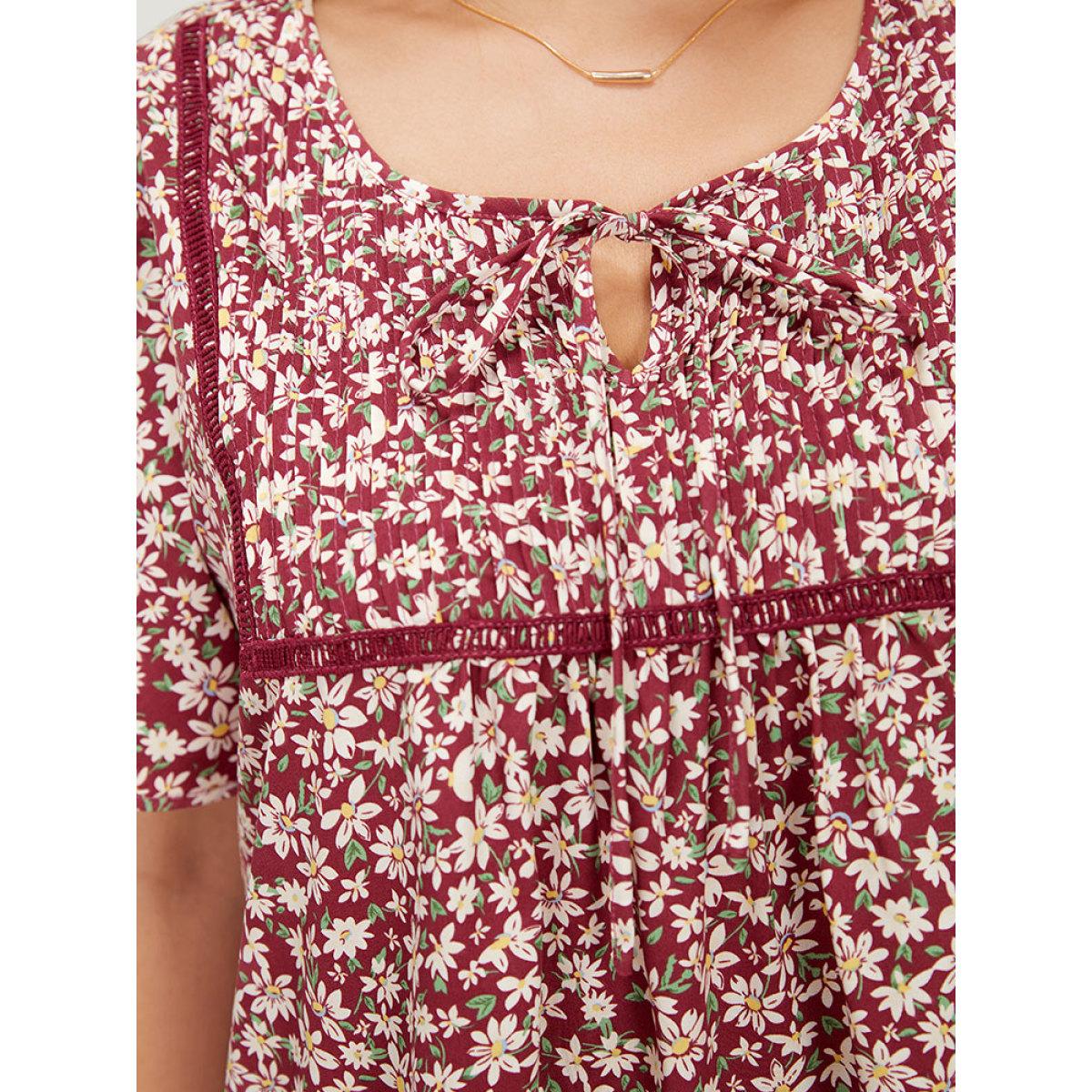 Plus Size RedViolet Ditsy Floral Lace Gathered Tie Neck Blouse Women Elegant Short sleeve Tie Neck Dailywear Blouses BloomChic 10/M Product Image