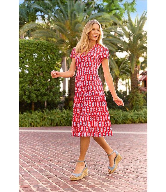 Jude Connally Libby Everyday Sailors Knot Print Jude Cloth Stretch Knit V-Neck Short Puff Sleeve A-Line Tiered Midi Dress Product Image