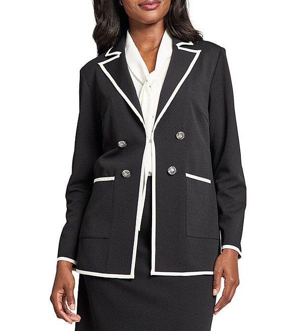Ming Wang Stretch Deco Crepe Peak Collar Long Sleeve Contrast Trim Jacket Product Image