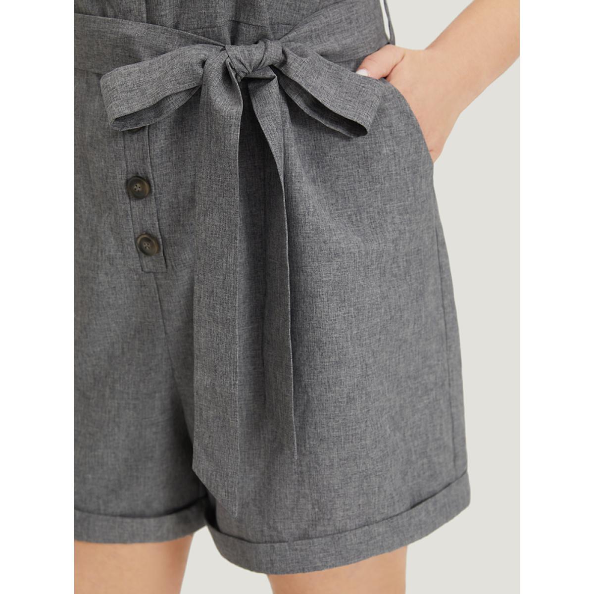 Plus Size DimGray Plain Belted Button Through Roll Hem Tank Jumpsuit Women Office Sleeveless V-neck Work Loose Jumpsuits BloomChic 14-16/1X Product Image