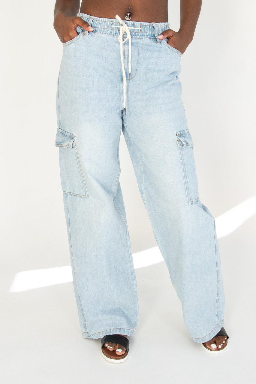 Wide Leg Pull On Cargo Jeans Product Image