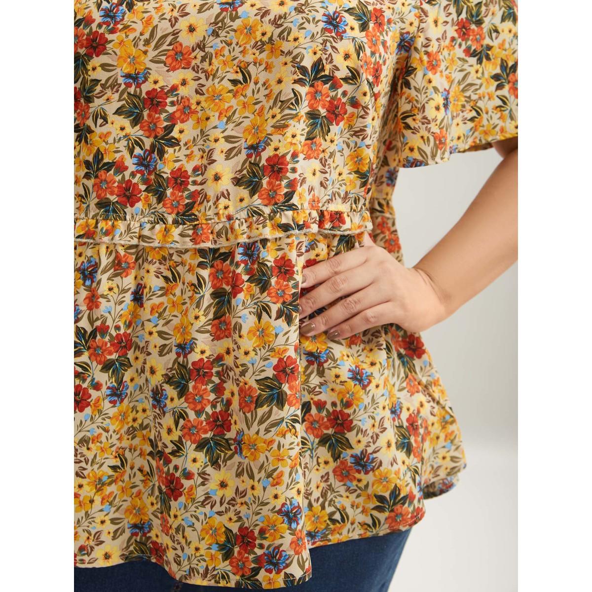 Plus Size Beige Floral Ruffled Round Neck Shirt Women Timeless Short sleeve Round Neck Elegant Blouses BloomChic 14-16/1X Product Image