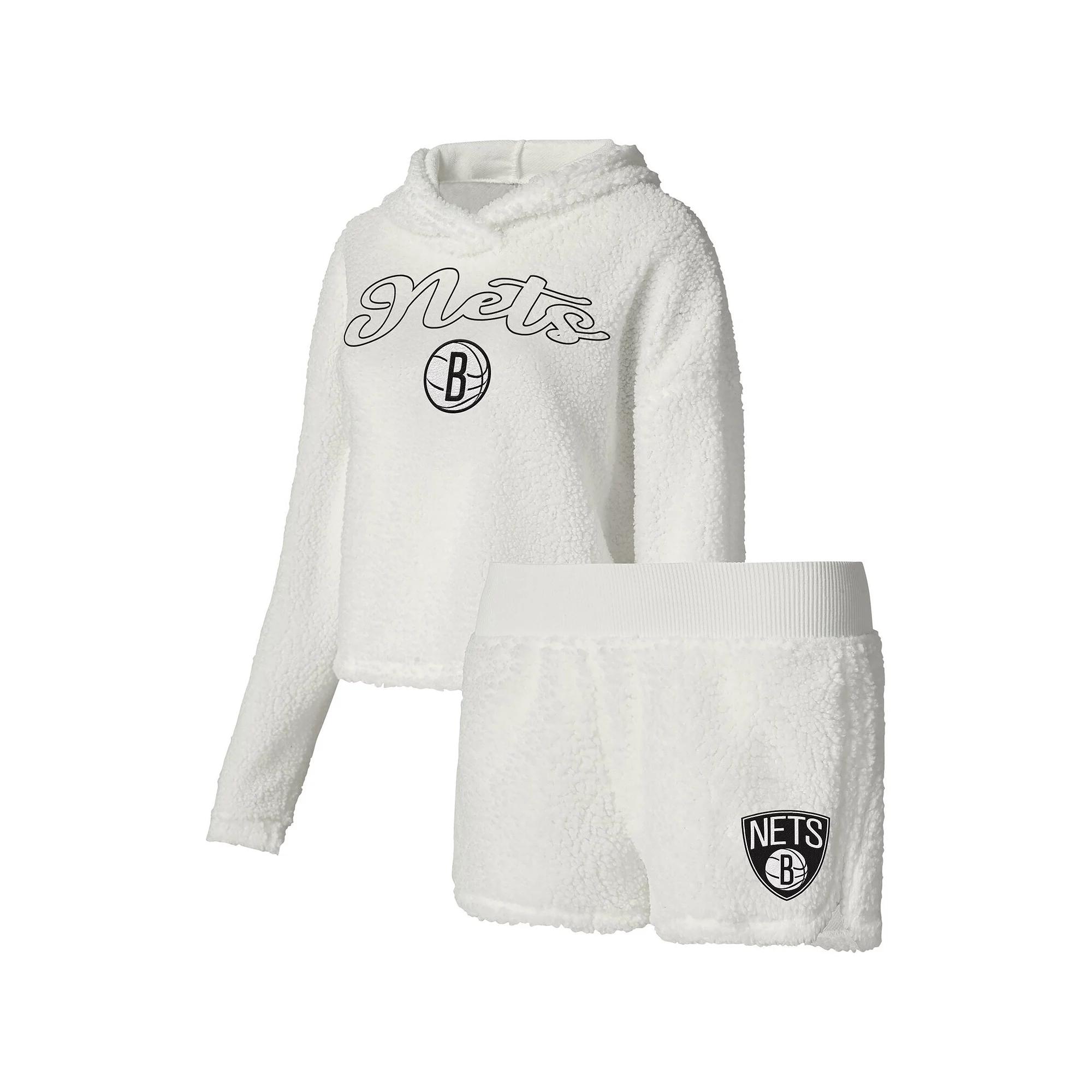 Women's College Concepts Cream Brooklyn Nets Fluffy Long Sleeve Hoodie T-Shirt & Shorts Sleep Set,  Product Image