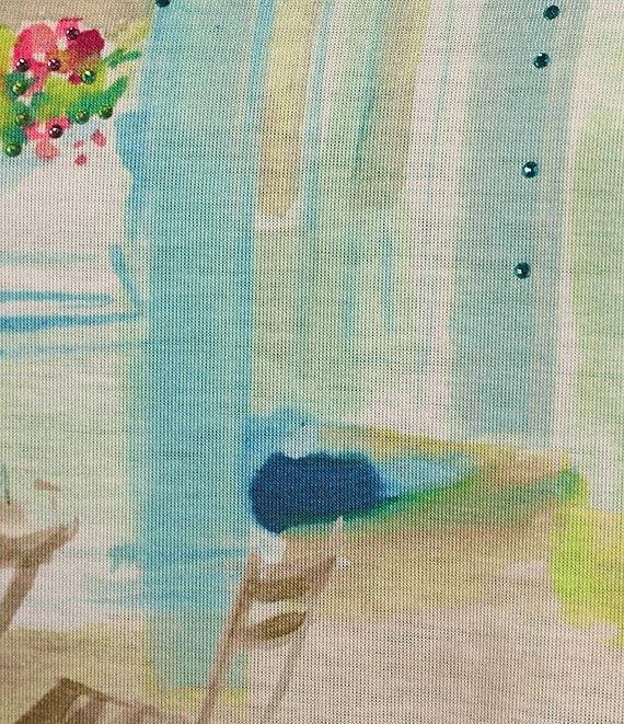 Allison Daley Petite Size Town Country Border Print 3/4 Sleeve Crew Neck Knit Top Product Image