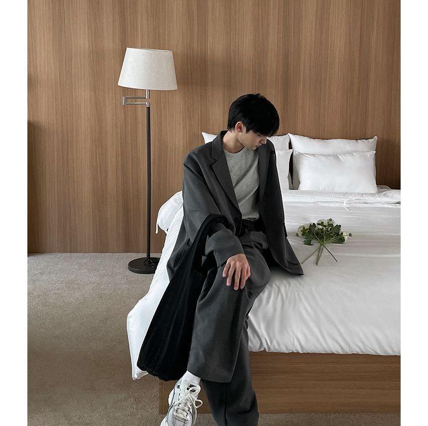 Button-Up Plain Blazer / High Waist Dress Pants Product Image