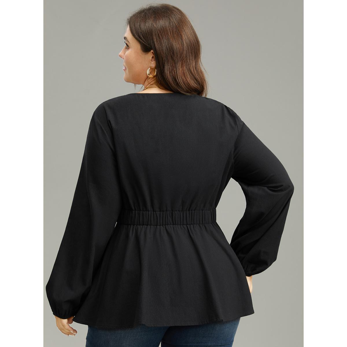 Plus Size Black Cotton Solid Metal Detail Lantern Sleeve Blouse Women Office Long Sleeve Round Neck Work Blouses BloomChic 26/4X Product Image