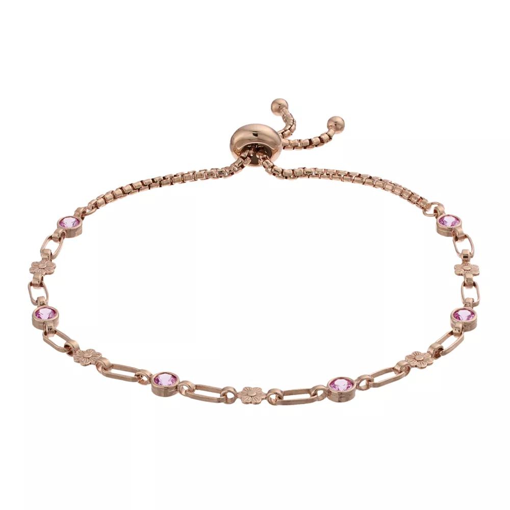 Kristen Kesho Sterling Silver Lab-Created Pink Sapphire & Flower Link Adjustable Bolo Bracelet, Women's, Size: 9.50, Pink Tone Product Image