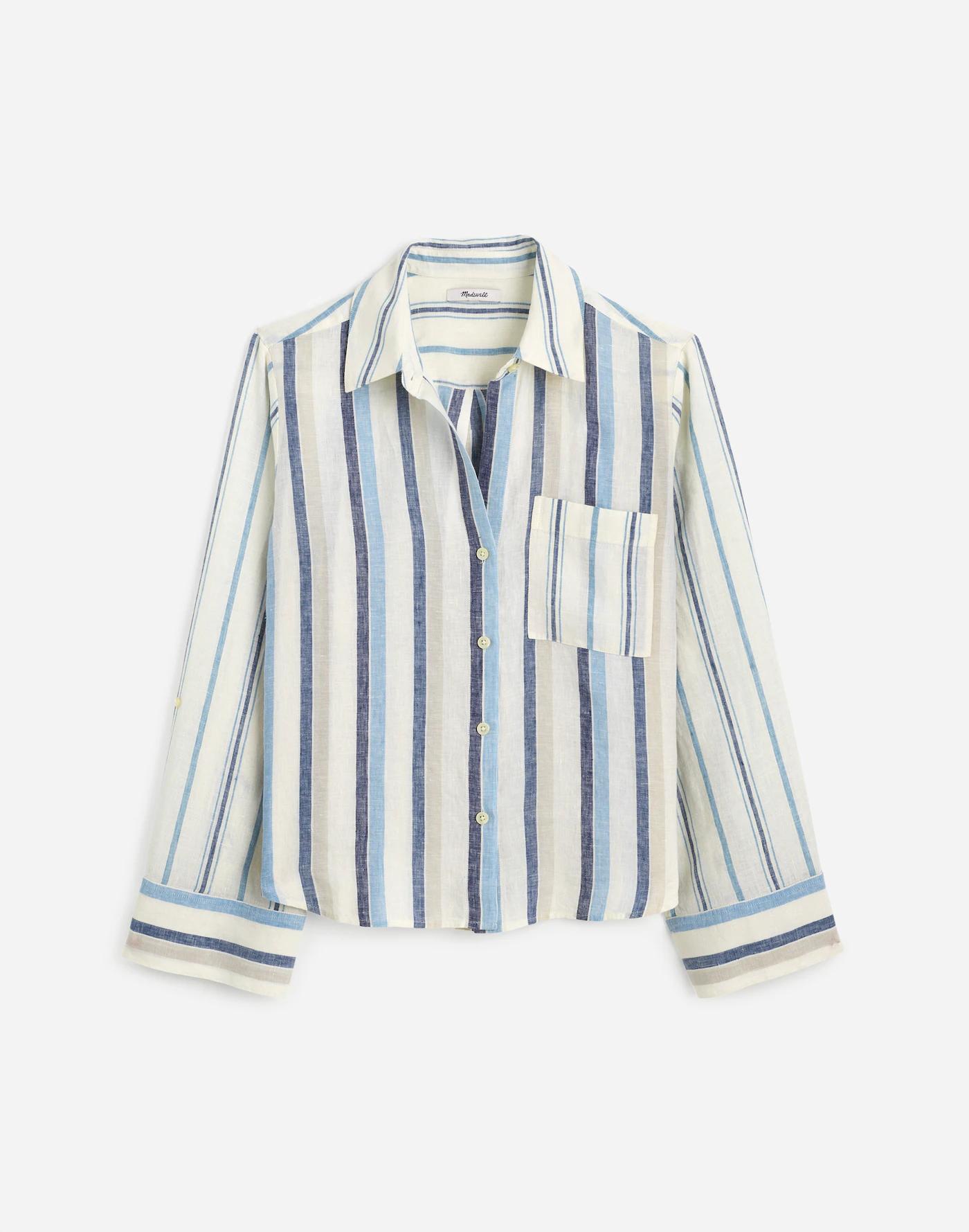 Linen Easy Y-Neck Button-Up Shirt in Mixed Stripe Product Image