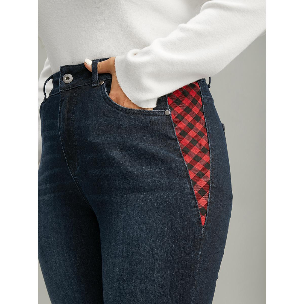 Plus Size Plaid Patchwork Straight Leg Dark Wash Jeans Women Midnight Casual Gingham Contrast High stretch Pocket Jeans BloomChic 26/4X Product Image