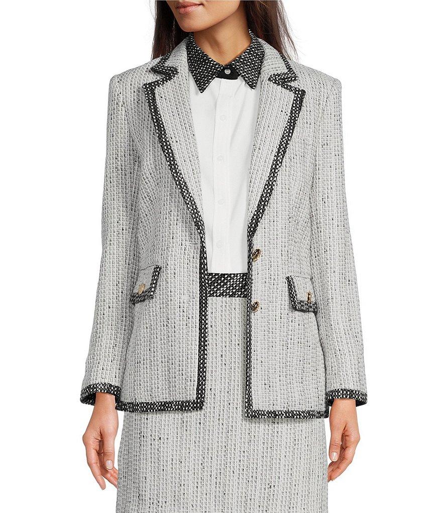 KARL LAGERFELD PARIS Tweed Notch Lapel Long Sleeve Contrast Trim Two Button Jacket Product Image