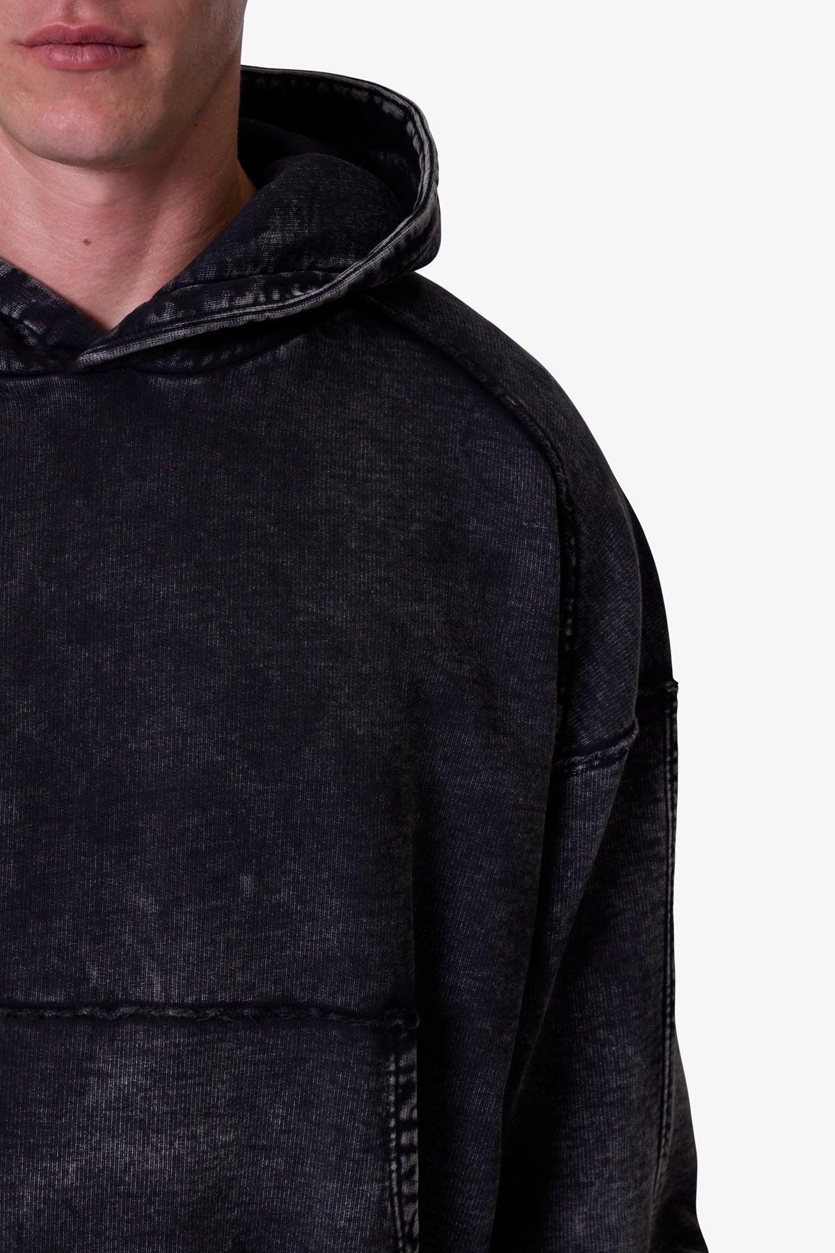 Frayed Seam Acid Wash Hoodie - Black Product Image